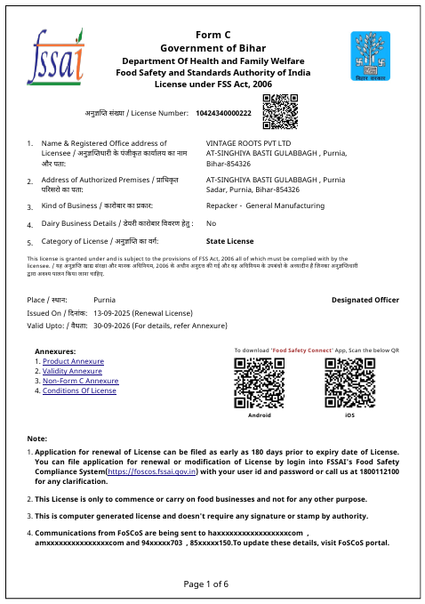 Snakiy FSSAI License Certificate